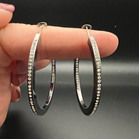 Jewelry - Stainless Steel and Rhinestone Hoop Fashion Earrings
